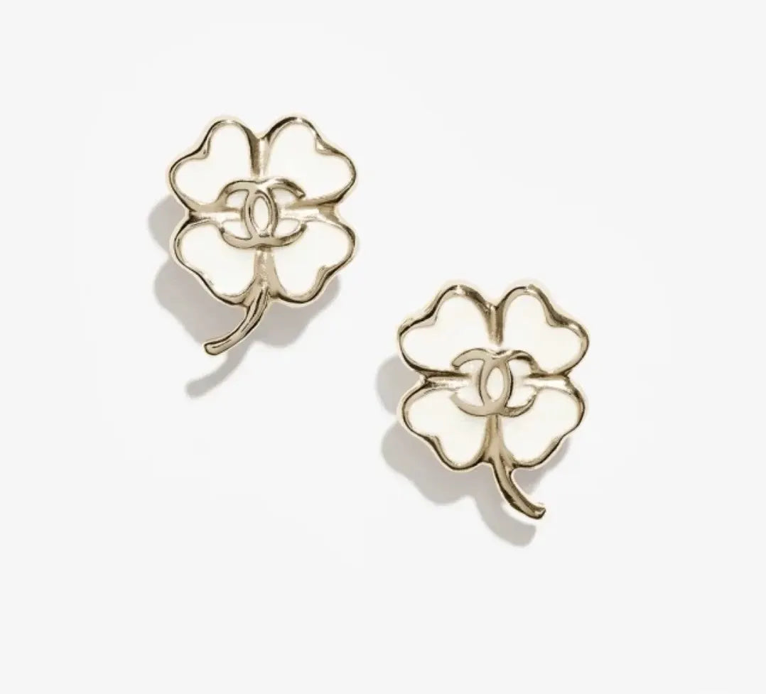 Chanel White Clover Gold Earrings - Lucky Charm Studs