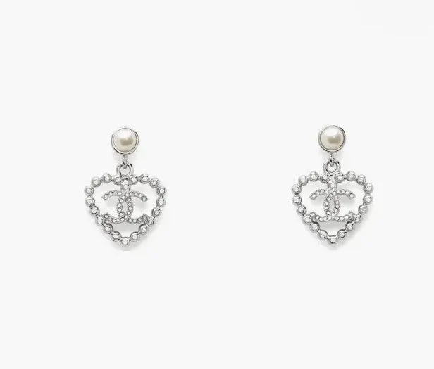 Chanel Silver Heart Pearl Earrings - Chanel Silver Heart Pearl Drop