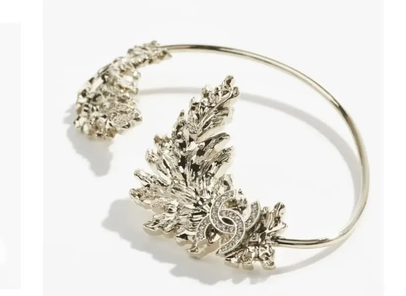 Chanel Silver Leaf Cuff Bracelet - Crystal CC Logo