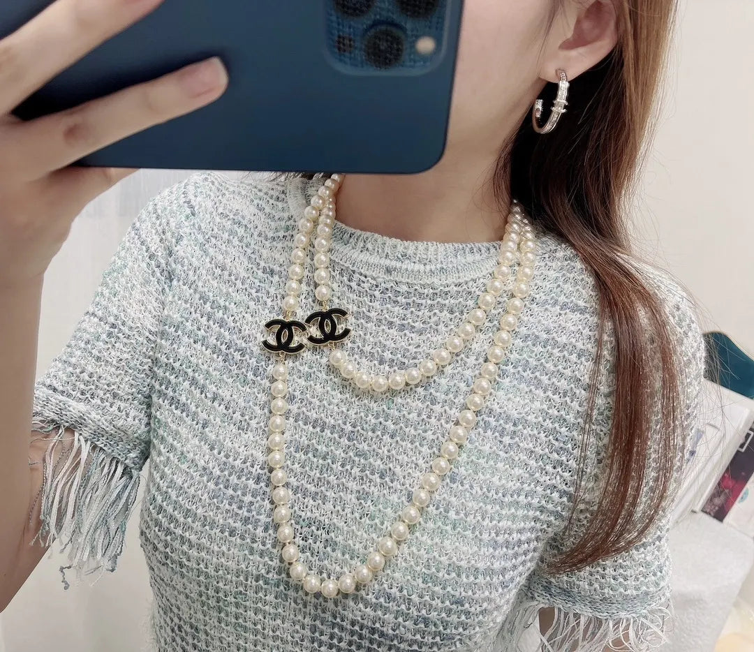 Chanel Black CC Pearl Necklace - Chanel Long Pearl Necklace Black CC