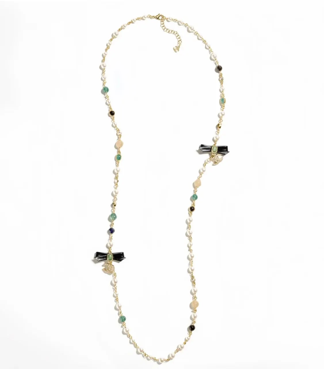 Chanel Gold Pearl Black Bow Necklace - Chanel Gold Chain Pearl Black
