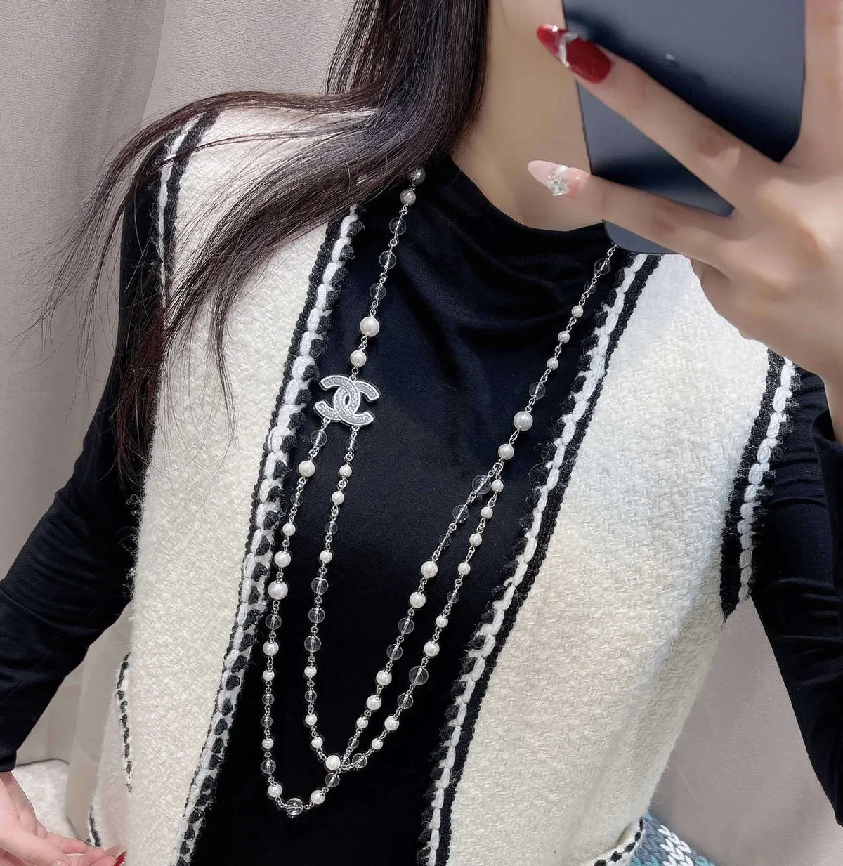 Chanel Silver Crystal Pearl Necklace - Chanel Silver Crystal Pearl