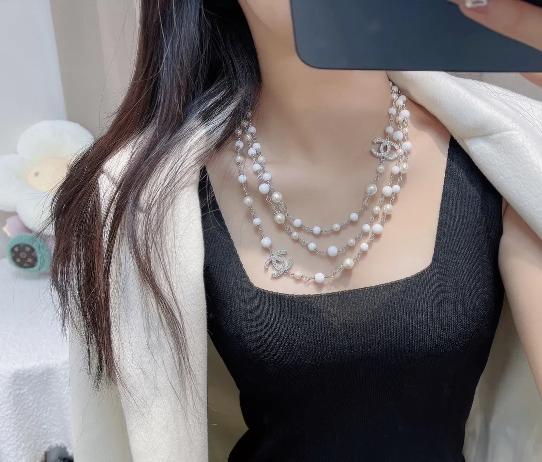 Chanel White Pearl Silver Chain Necklace - Triple Strand