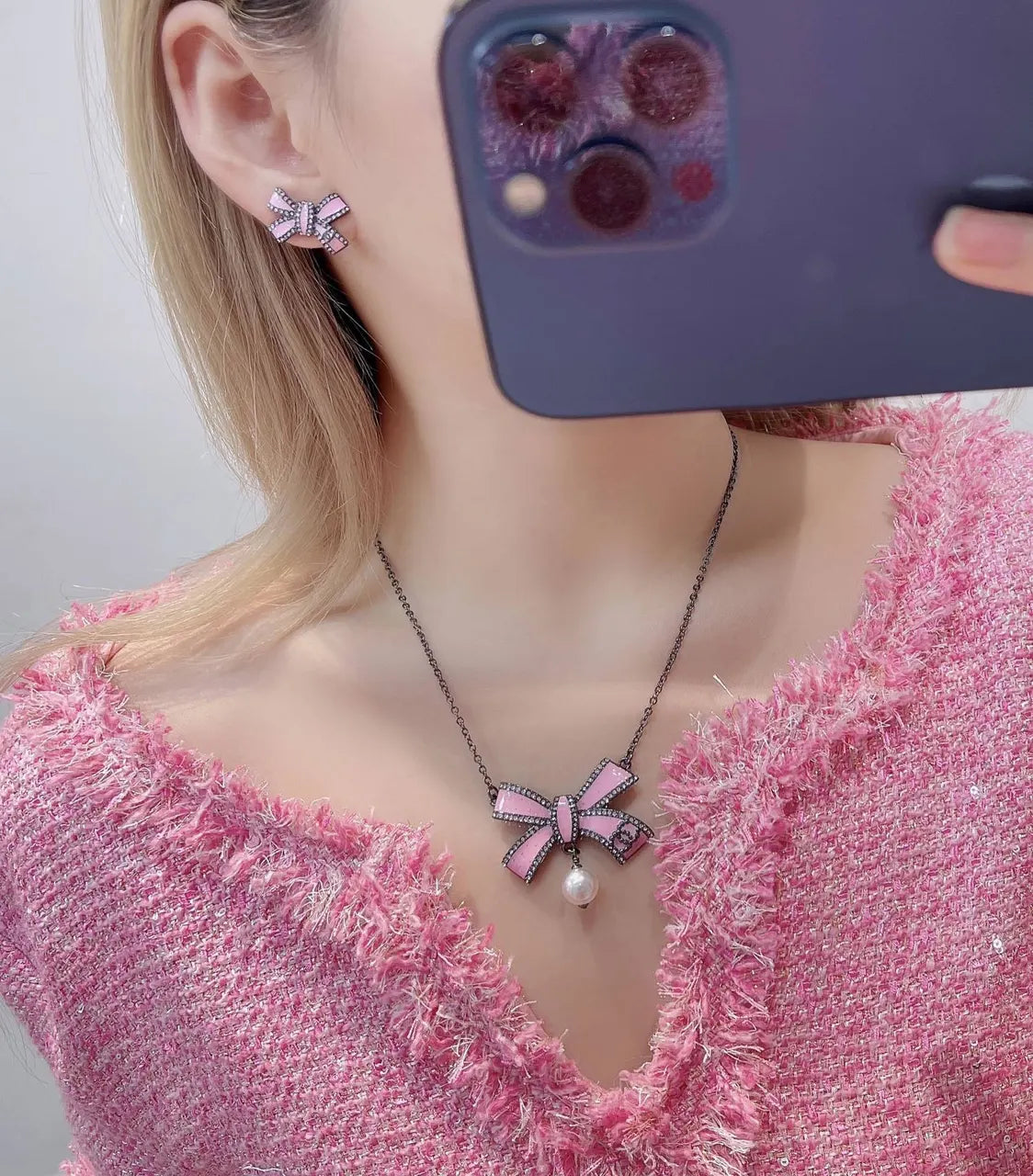 Chanel Pink Bow Pearl Necklace - Designer Charm