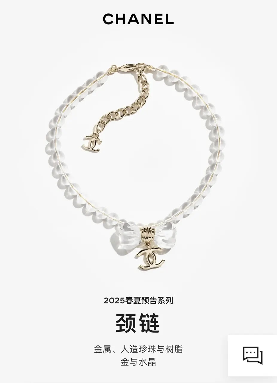 Chanel Clear Crystal Bow Necklace Gold CC Logo