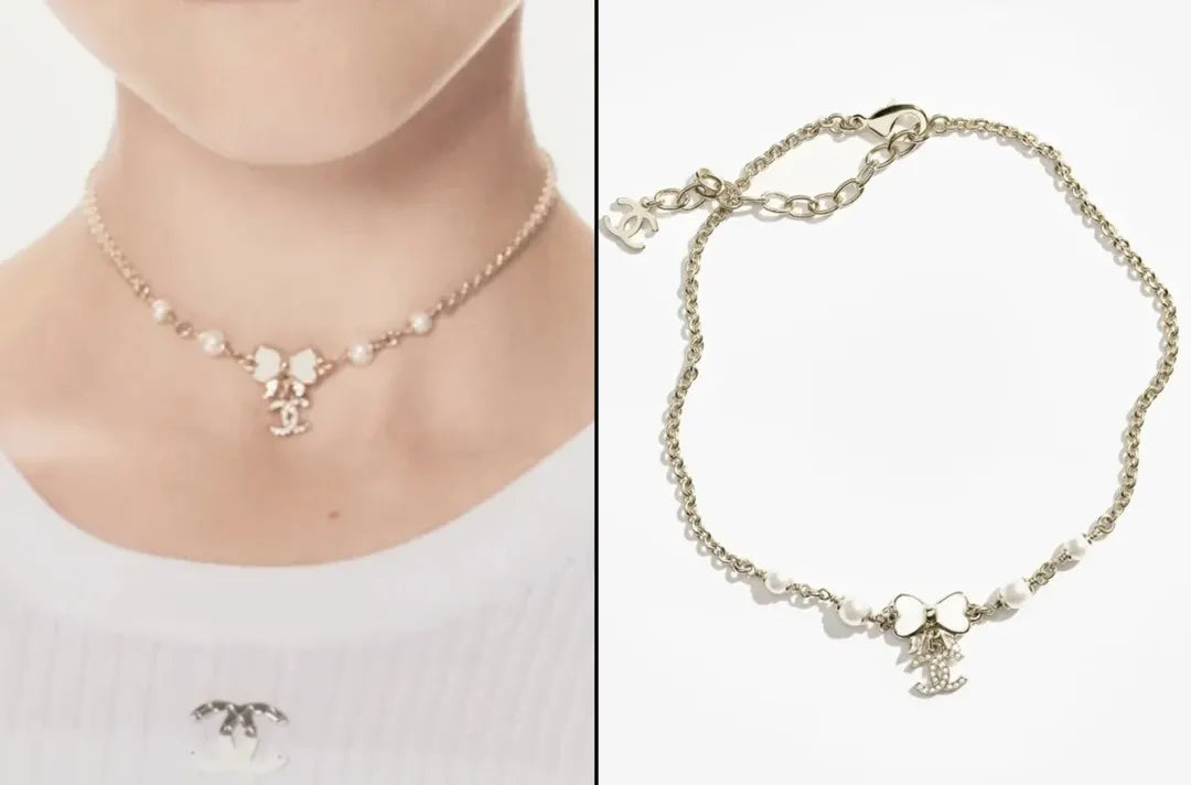 Chanel Gold Bow Pearl Choker - Elegant Women's Necklace