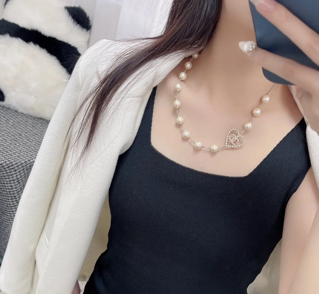 Chanel Heart Pearl Necklace - Gold CC Logo