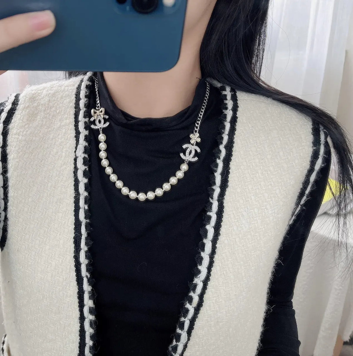Chanel Silver Chain Pearl CC Necklace - Dainty Elegant