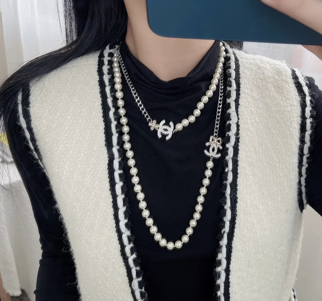 Chanel Silver Chain Pearl Necklace - Double Strand CC Logo