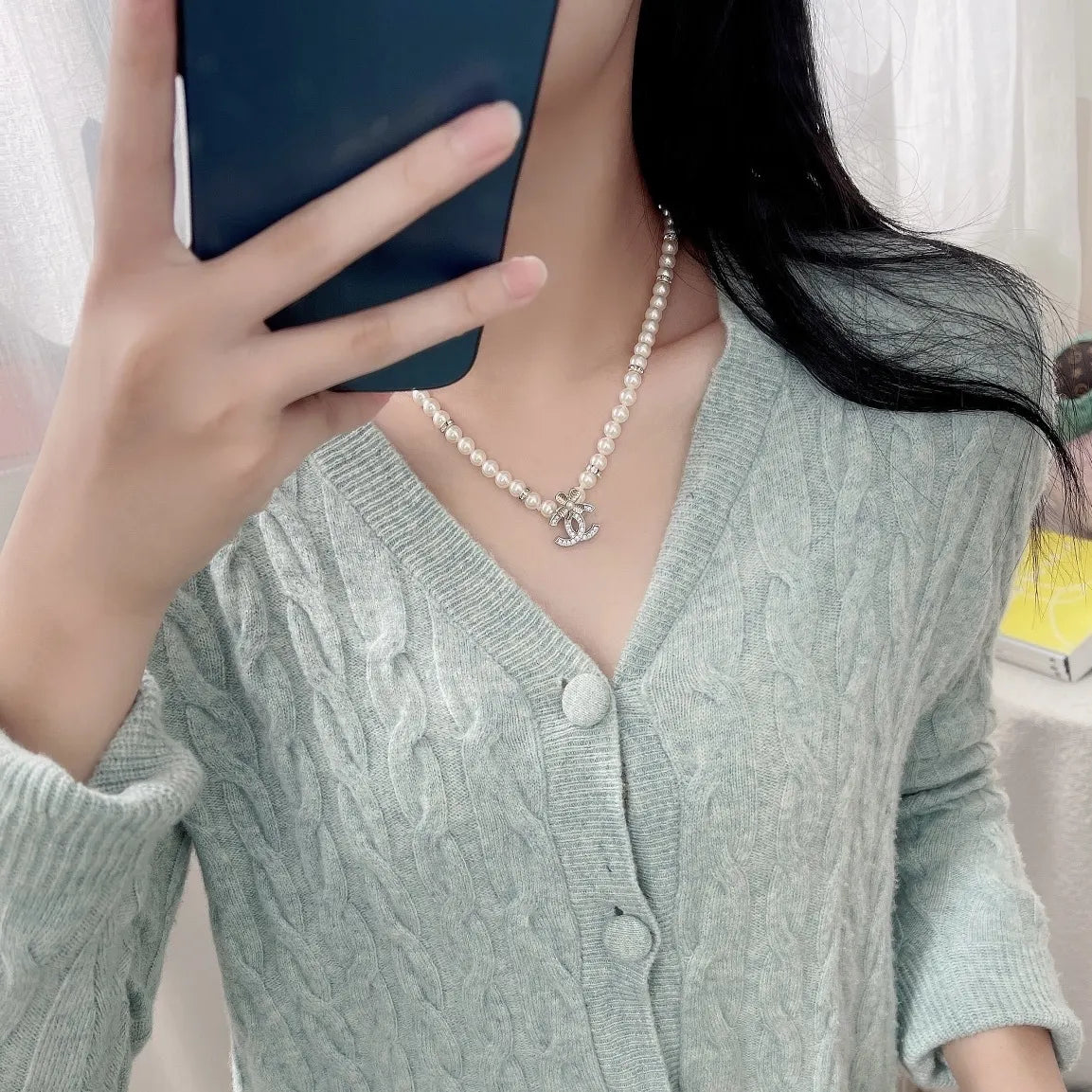 Chanel Pearl CC Logo Pendant Necklace - Silver Finish