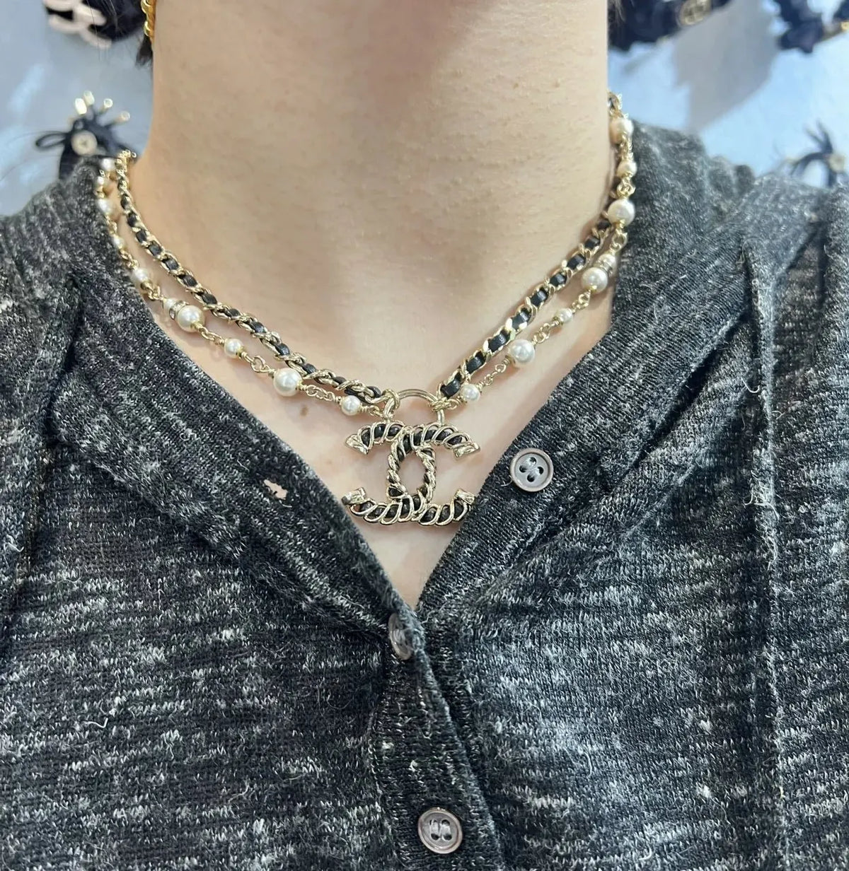 Chanel Gold Leather Pearl Necklace - Chanel Gold Chain Leather Pearl