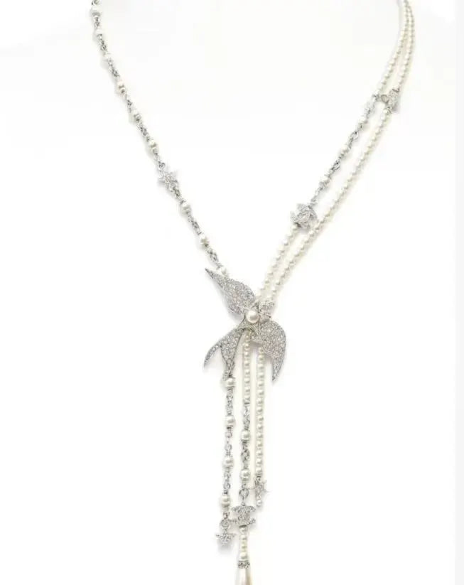 Chanel Silver Bird Pearl Necklace - Chanel Silver Bird Pearl Drop