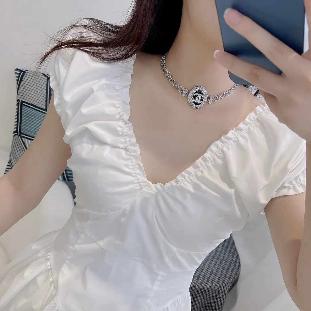 Chanel Silver Chain Necklace - Black & Crystal CC Logo