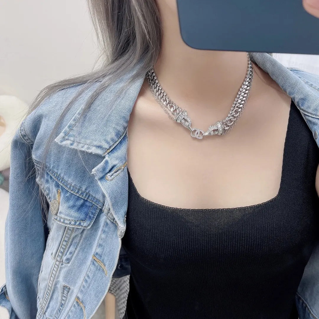 Chanel Silver Chain Link Necklace Rhinestone - Statement Piece