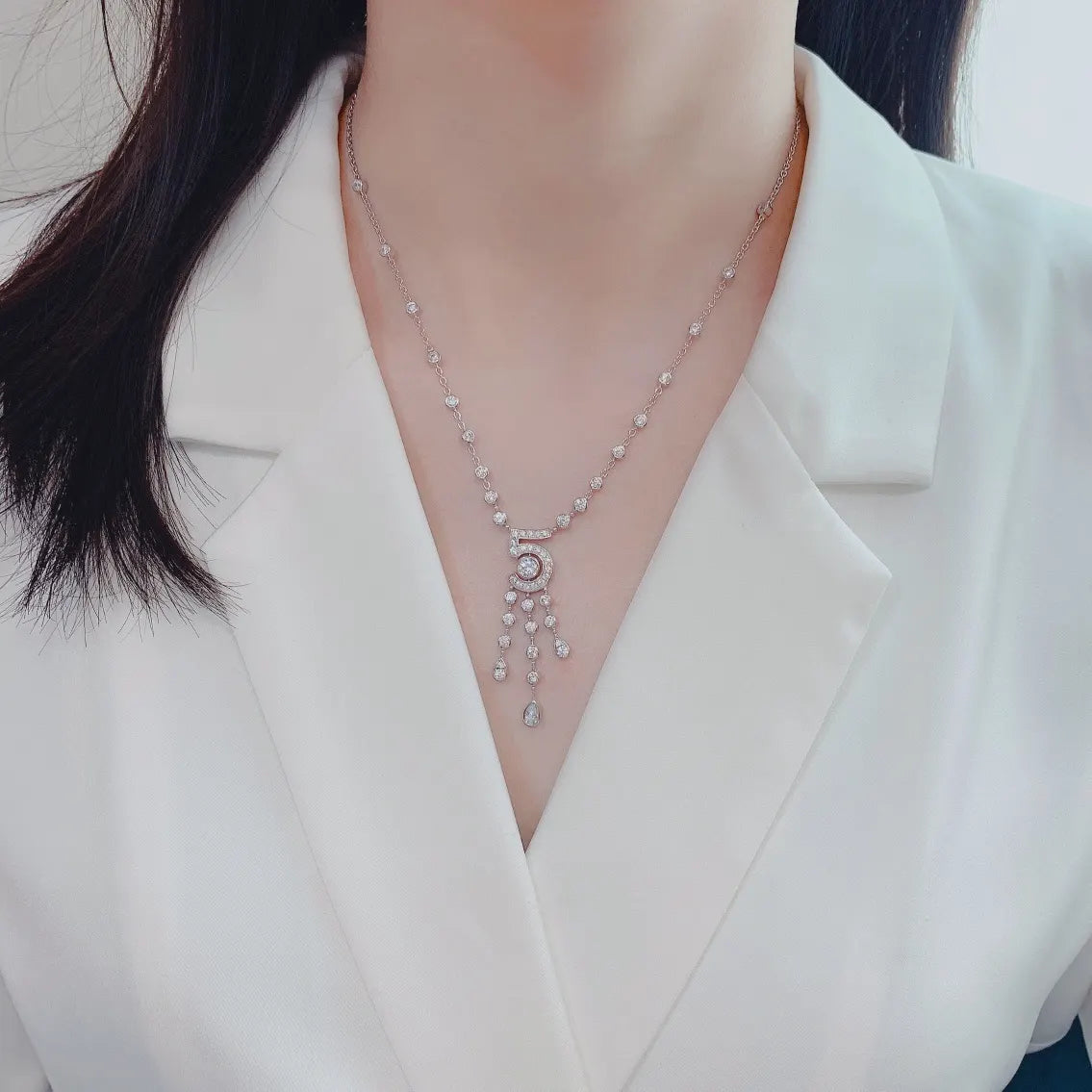 Chanel Silver Number 5 Diamond Necklace - Dazzling Elegance