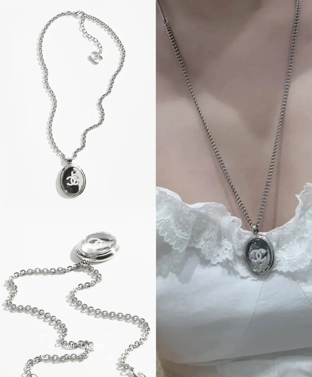 Chanel Silver Oval Pendant Necklace - Iconic CC Logo