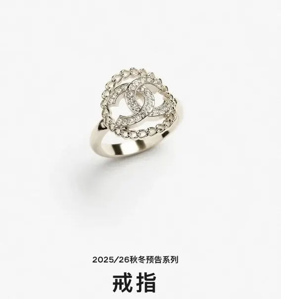 Chanel Silver Crystal CC Ring - Chanel Silver Chain Crystal CC Ring