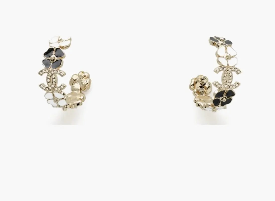 Chanel Floral Hoop Earrings - Black, White & Gold