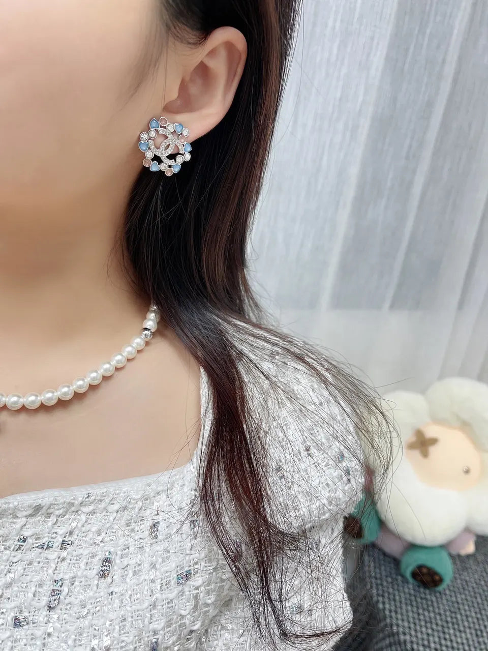 Dior Blue Crystal Floral Earrings - Silver Tone Finish