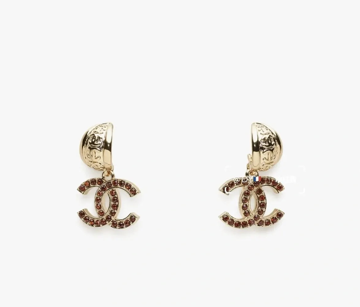 Chanel Burgundy Crystal CC Clip-On Earrings - Chanel Gold Burgundy
