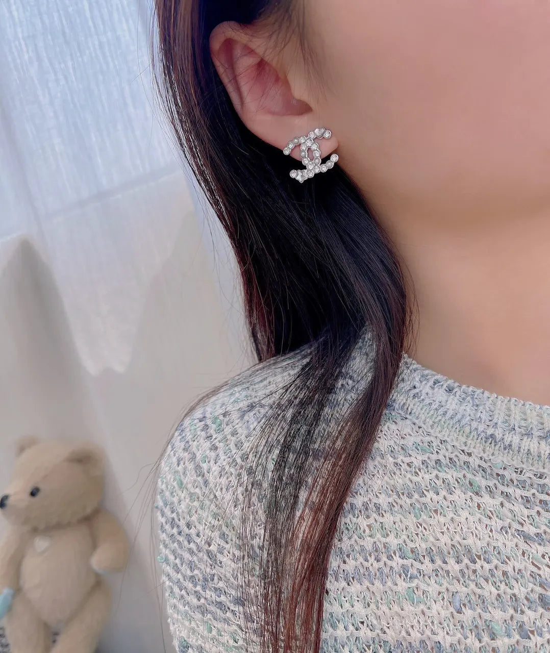 designer sparkle Chanel Silver Crystal CC Stud Earrings - Chanel