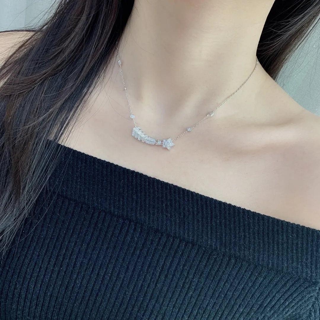 Diamond Feather Star Silver Necklace - Sparkling - Elegant Design