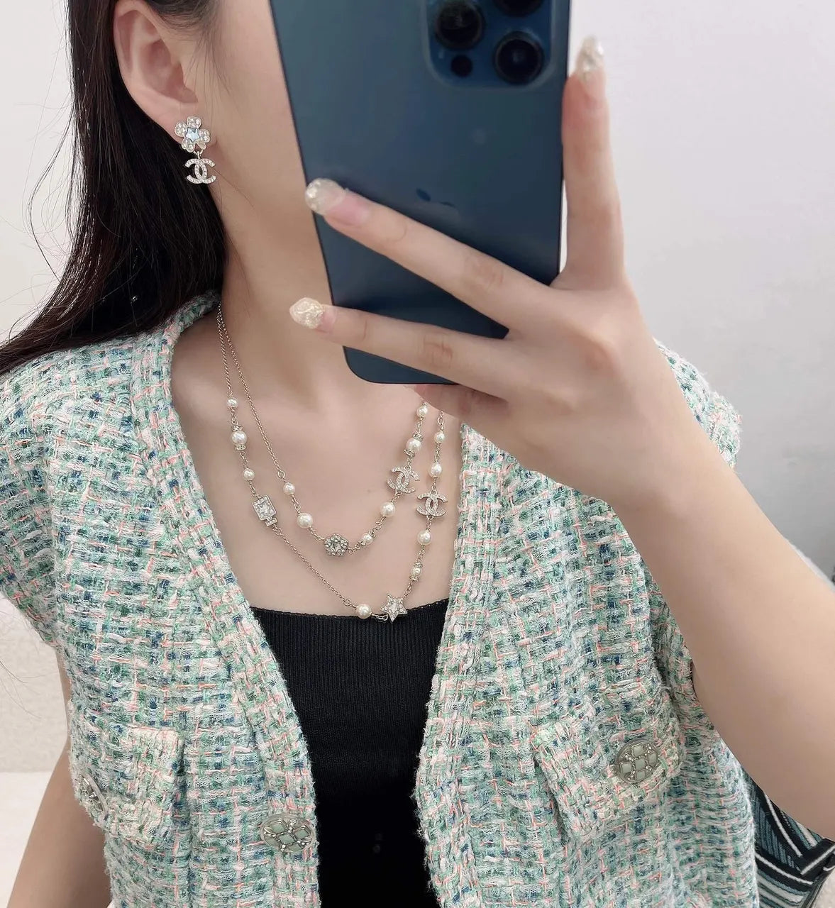 Chanel Silver Pearl CC Layered Necklace - Elegant Design