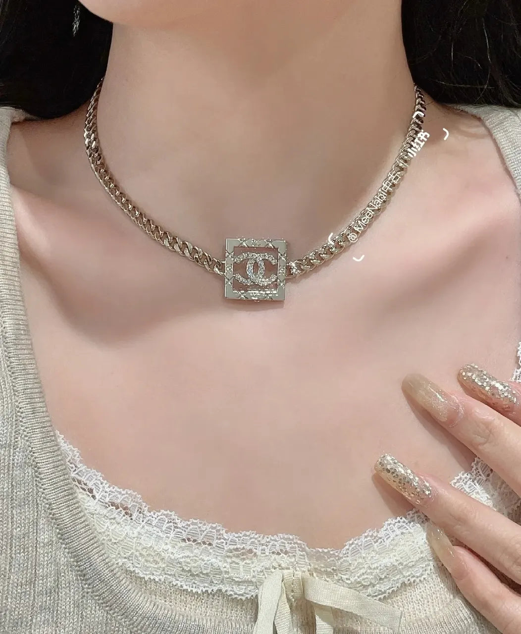 Chanel Silver CC Square Chain Necklace - Crystal Accents