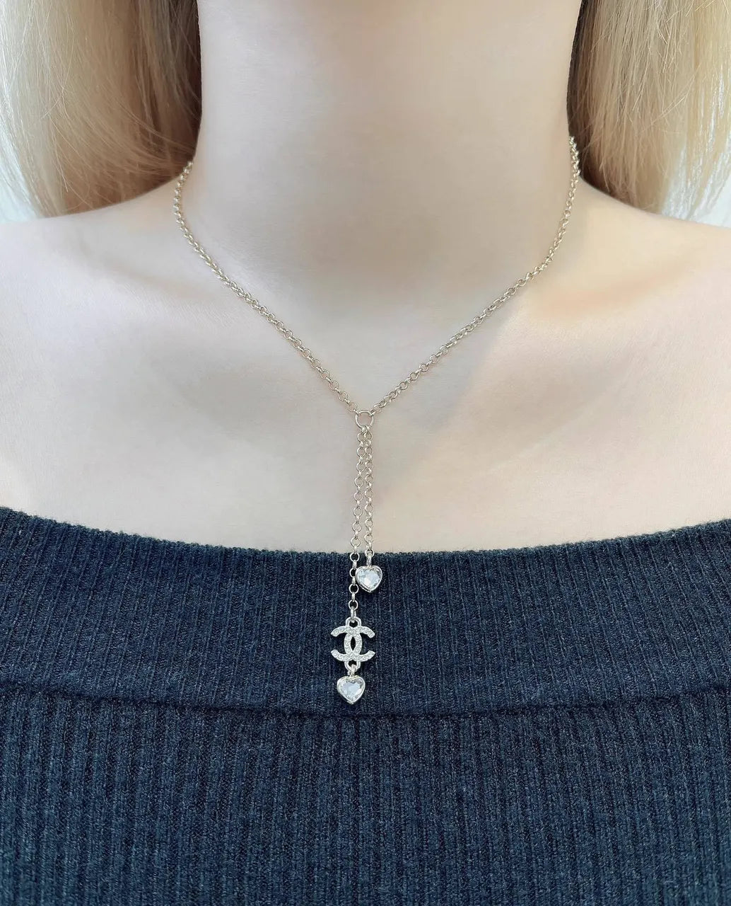 Chanel Silver CC Heart Necklace - Chanel Silver CC Heart Y Necklace