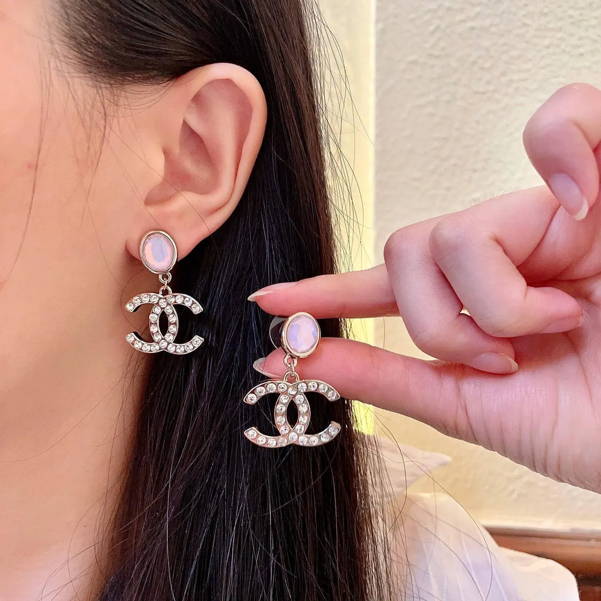 Chanel Gold CC Earrings Pink Opal - Designer Studs