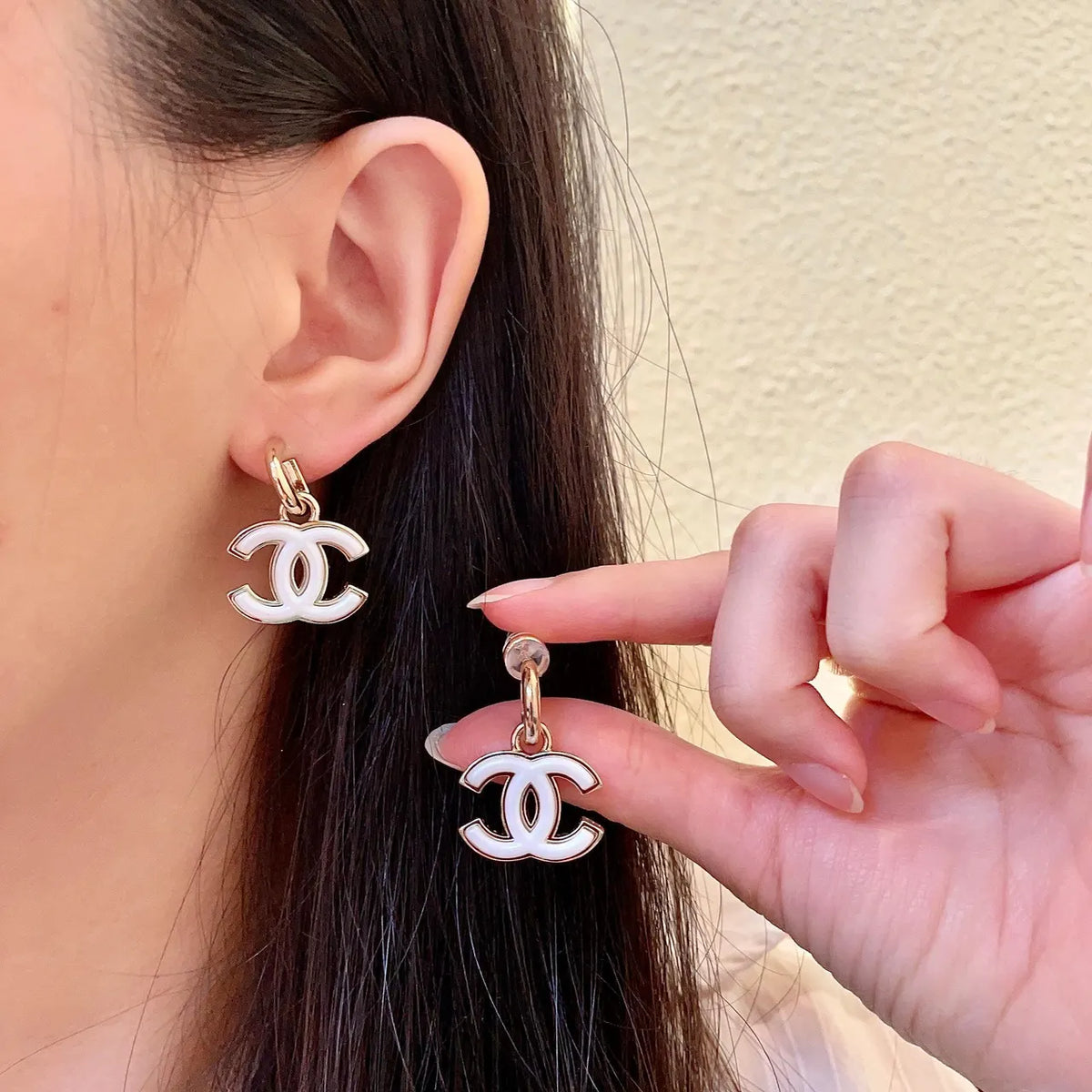 Chanel Gold White CC Earrings - Chanel Gold & White CC Logo Drop
