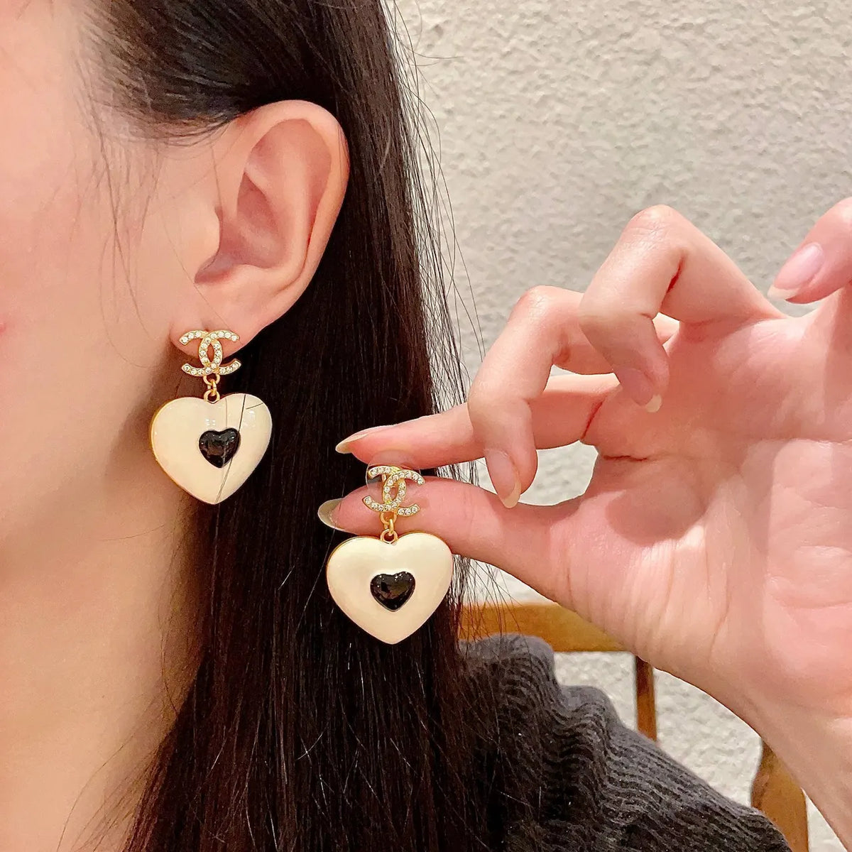 Chanel Cream Heart Black Logo Earrings - Designer Chic