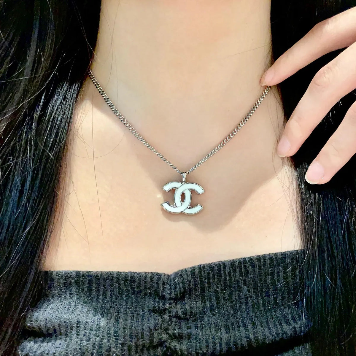 Chanel White CC Logo Pendant Necklace - Silver Finish