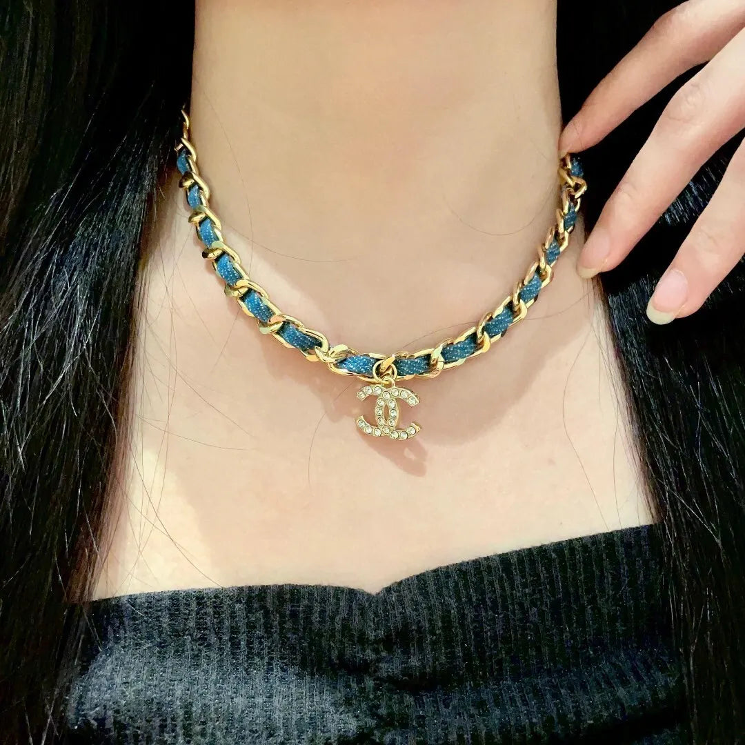 Chanel Blue Denim Gold Chain Necklace - CC Logo Pendant
