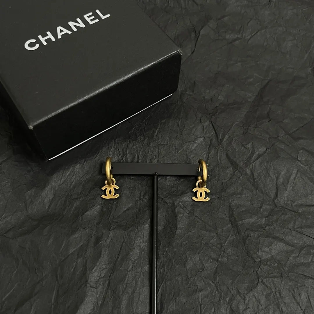 Chanel Gold CC Drop Earrings - Chanel Gold CC Drop Hoop Earrings