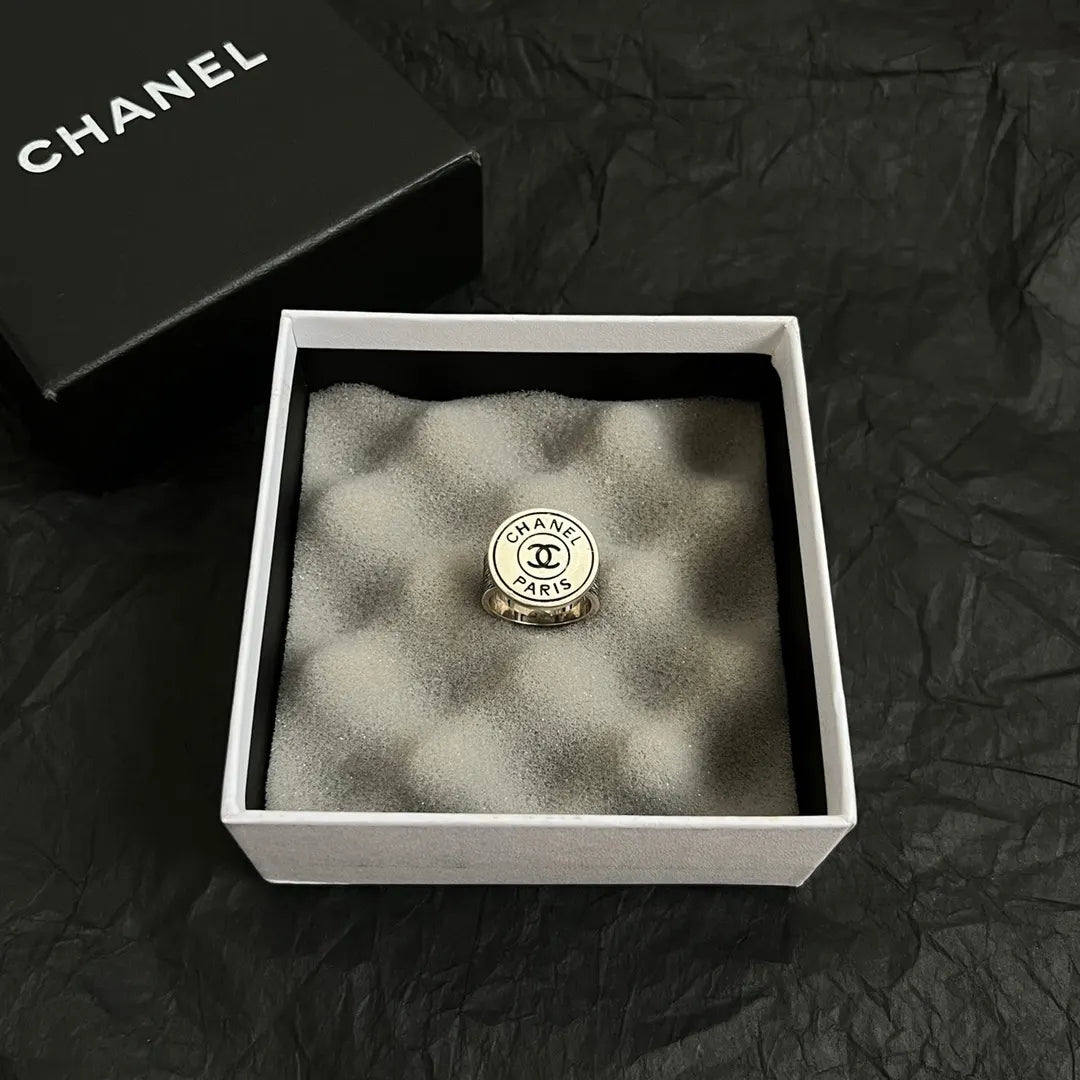 Chanel Silver Enamel Logo Ring - Chanel Silver & Enamel Logo Ring