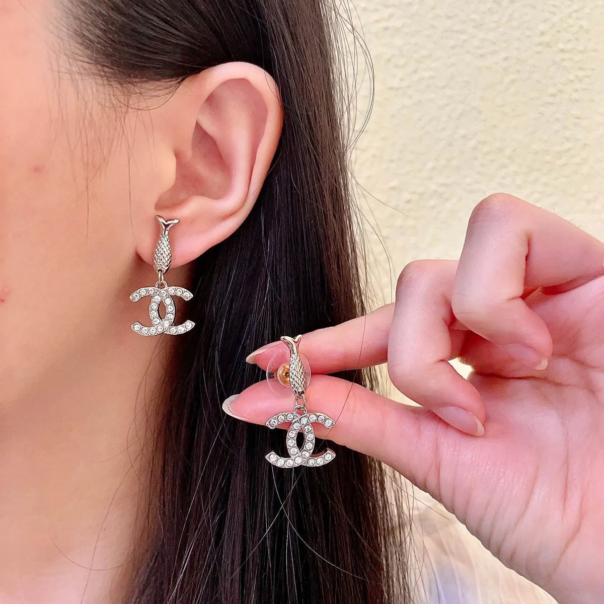 Chanel Silver CC Crystal Drop Earrings - Designer Dangles