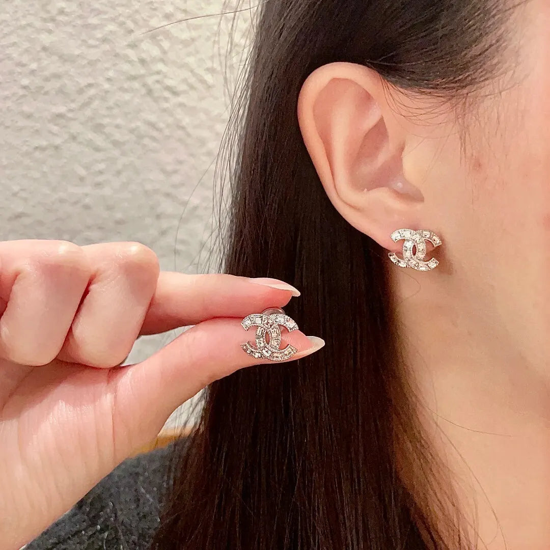 Chanel Crystal CC Logo Stud Earrings - Silver Finish