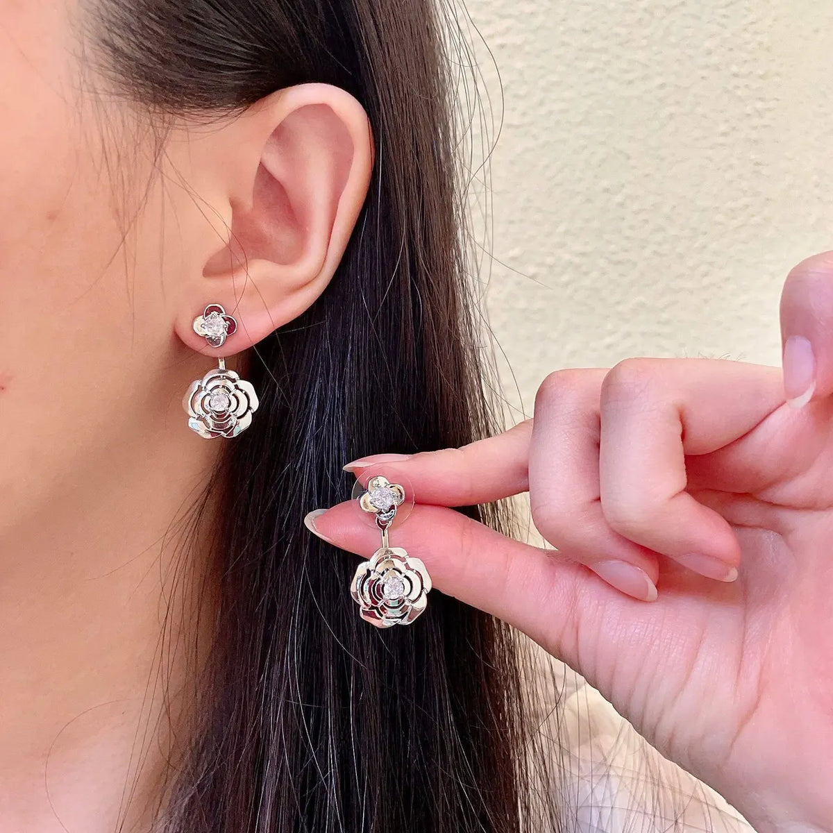 Chanel Silver Rose Earrings - Chanel Silver Rose Drop Earrings