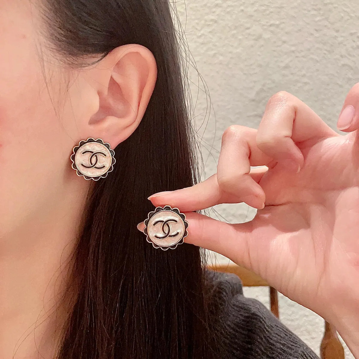 Chanel Cream Black Flower Earrings - Chanel Cream & Black CC Flower