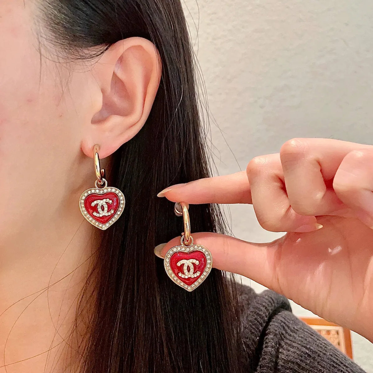 Chanel Red Heart Hoop Earrings - Gold CC Logo Designer