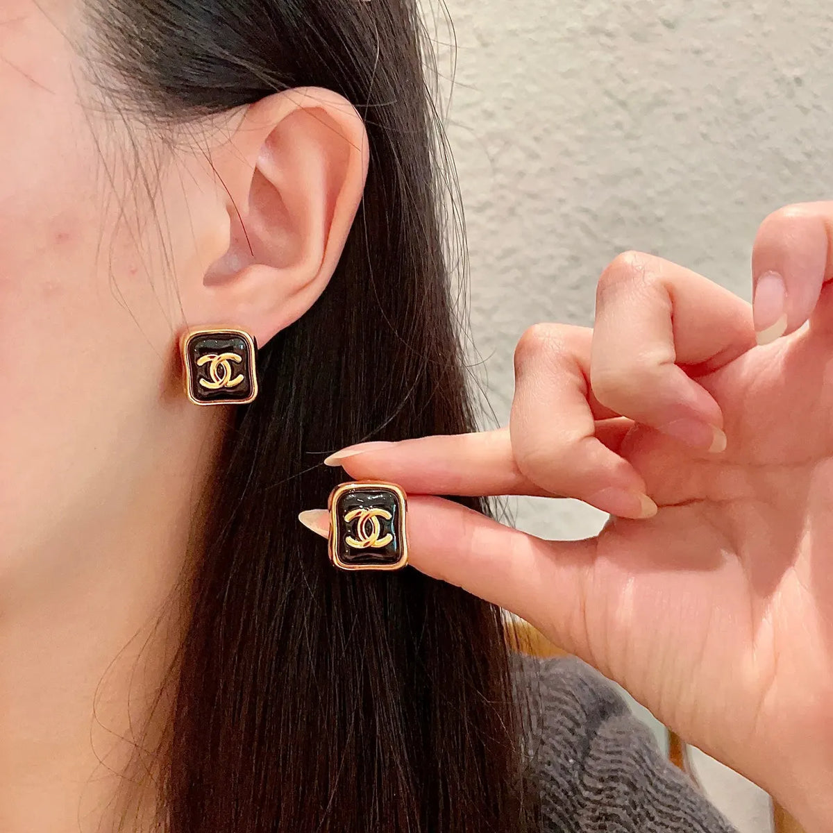 Chanel Black Enamel Gold Logo Earrings - Chanel Square Black Enamel