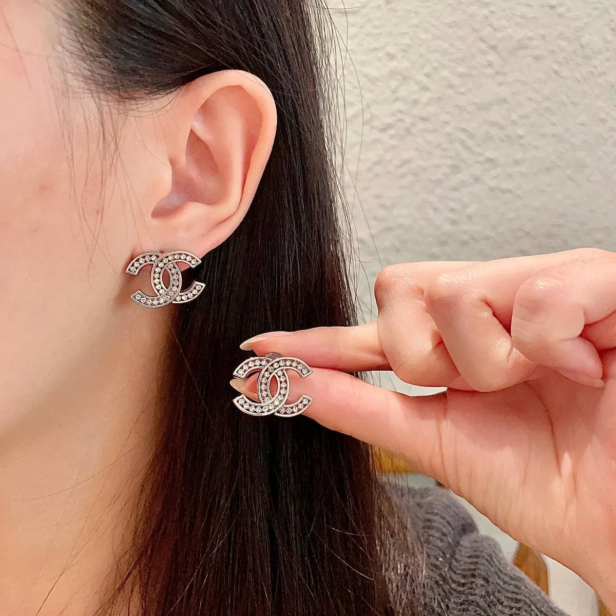 Chanel Silver CC Crystal Earrings - Designer Studs