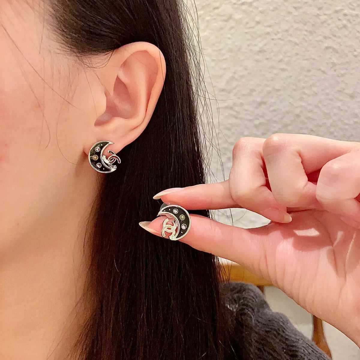 Chanel Moon Logo Earrings - Chanel Moon & Logo Black Stud Earrings