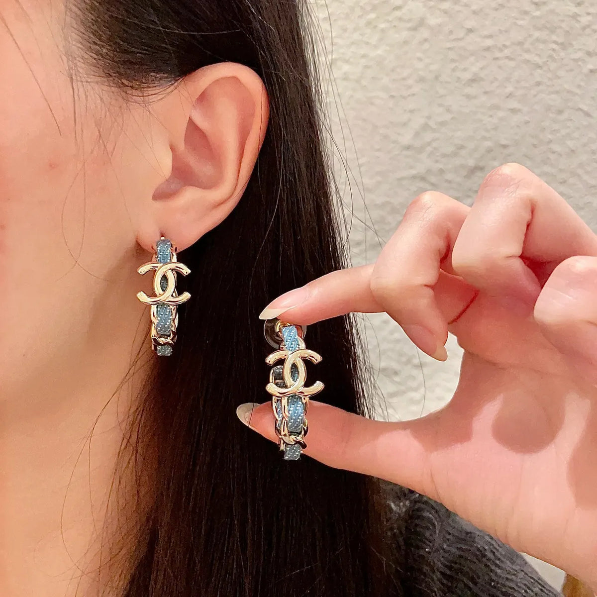 Chanel Blue Denim Hoop Earrings - Chanel Gold & Blue Denim Hoop