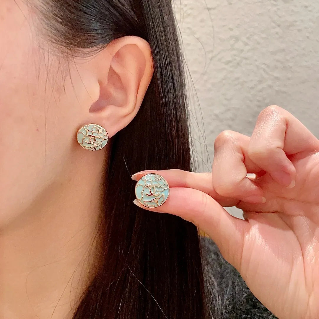 Chanel Light Blue Camellia Stud Earrings - Designer Chic