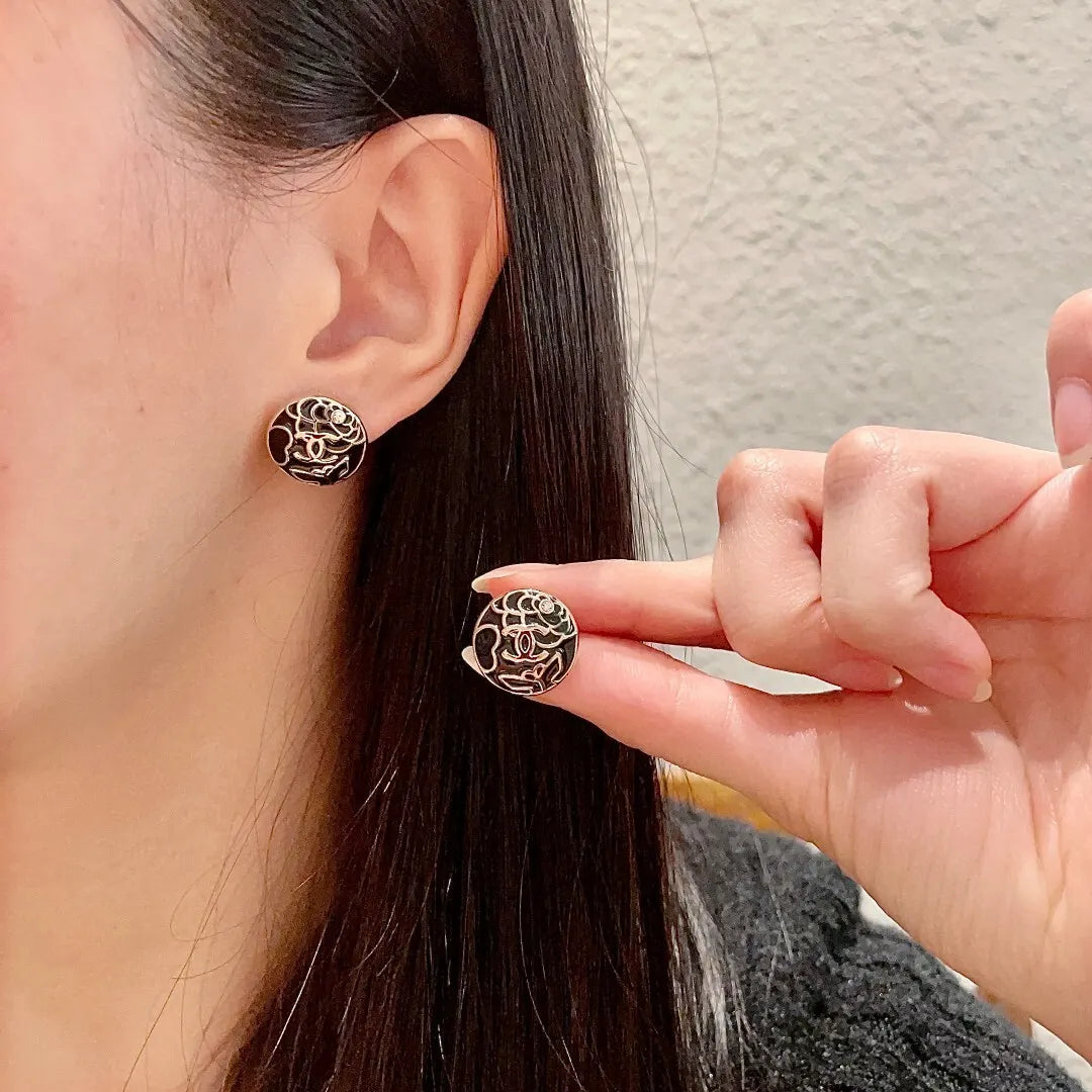 Chanel Black Gold CC Earrings - Chanel Black & Gold Round CC Stud