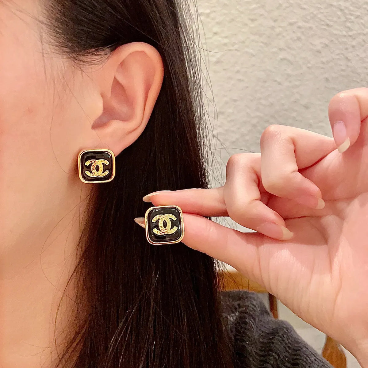 Chanel Square Black Gold CC Earrings - Designer Chic