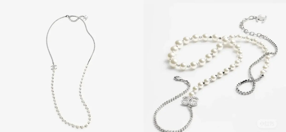 Chanel Silver Crystal & Pearl Long Necklace - CC Logo