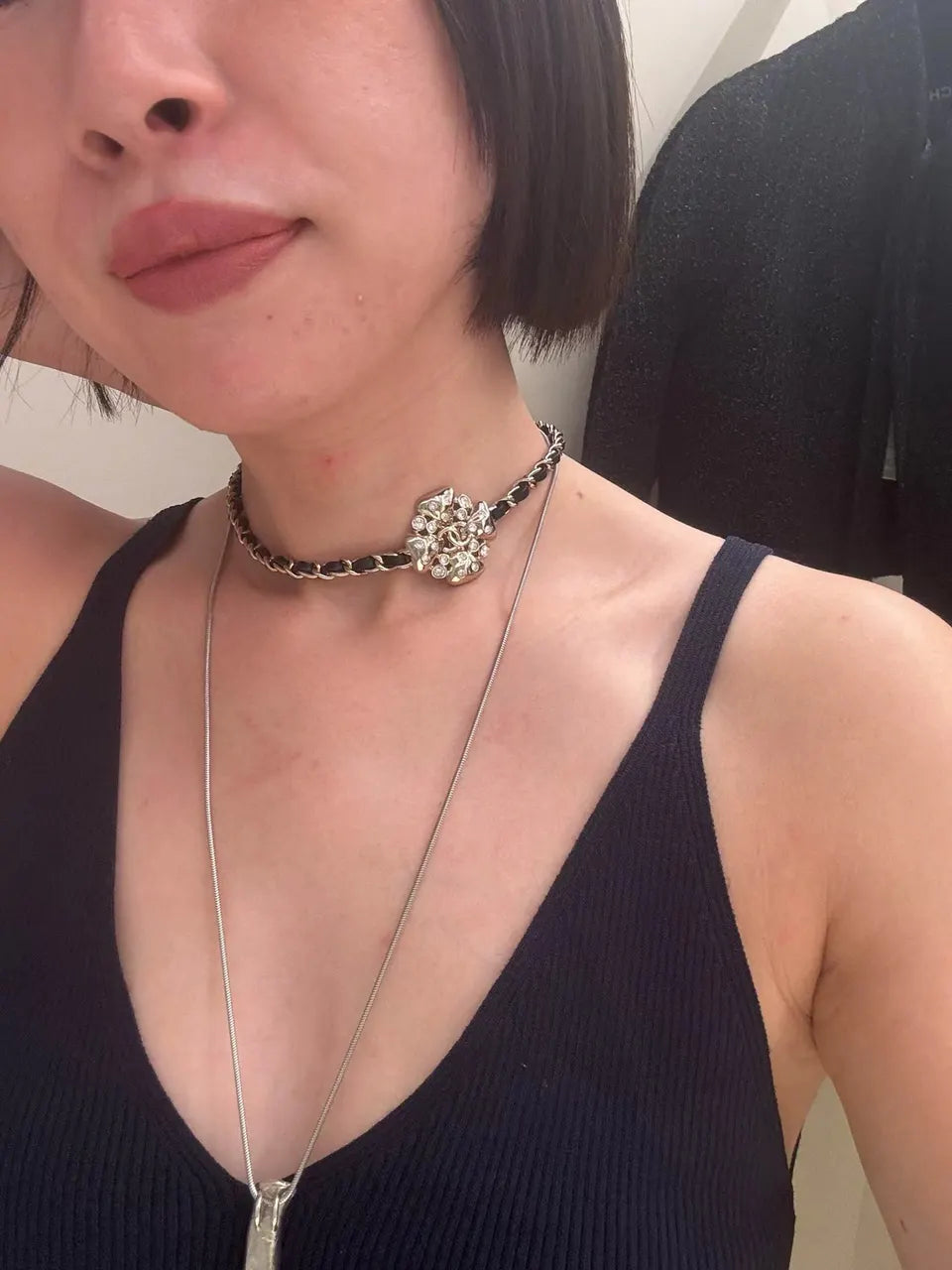 Chanel Fabric Crystal Choker - Chanel Silver Chain Black Fabric Choker